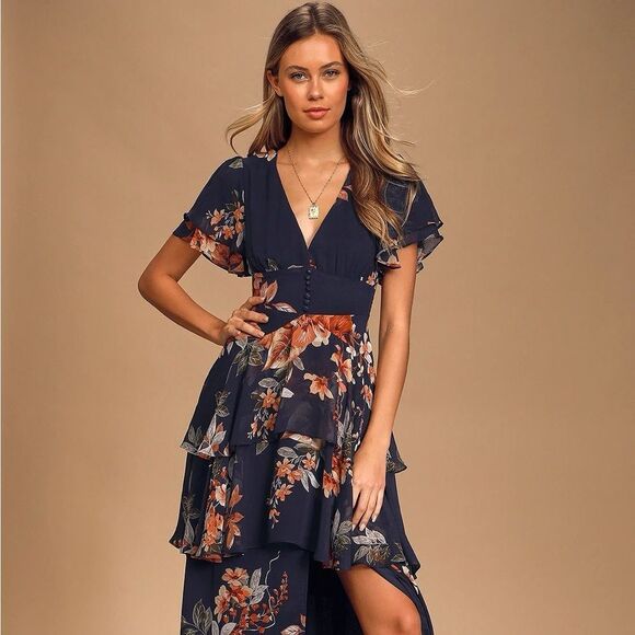 Lulus Midnight Mood Navy Blue Floral Print Tiered Maxi Dress Size Small NEW - Picture 5 of 13